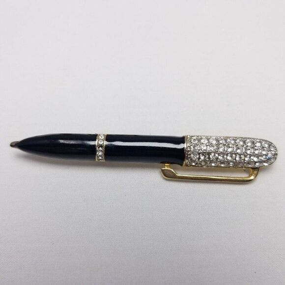 Vintage Pen Shape Rhinestone Brooch, Black Enamel Gold Tone Setting, Estate - Picture 1 of 6